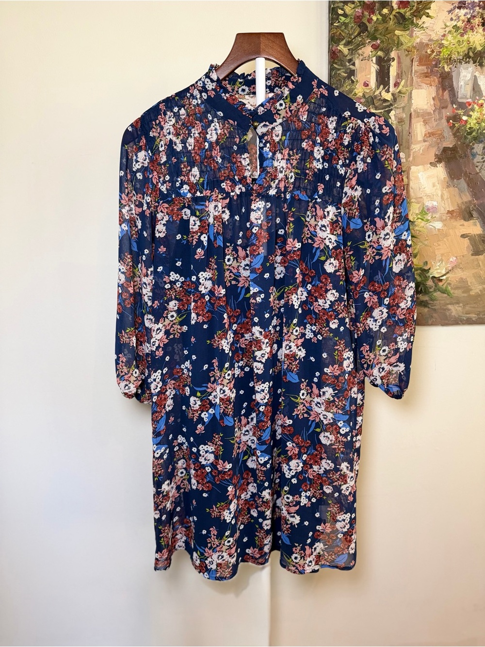 Red Camel Navy Floral Smocked Shirt Dress Sheer Overlay Boho Midi Small